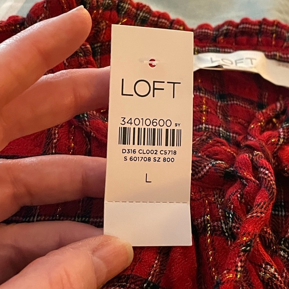 LOFT Ann Taylor Shimmer Red Plaid Tiered mini Dress size large gold buttons tie - Picture 12 of 16